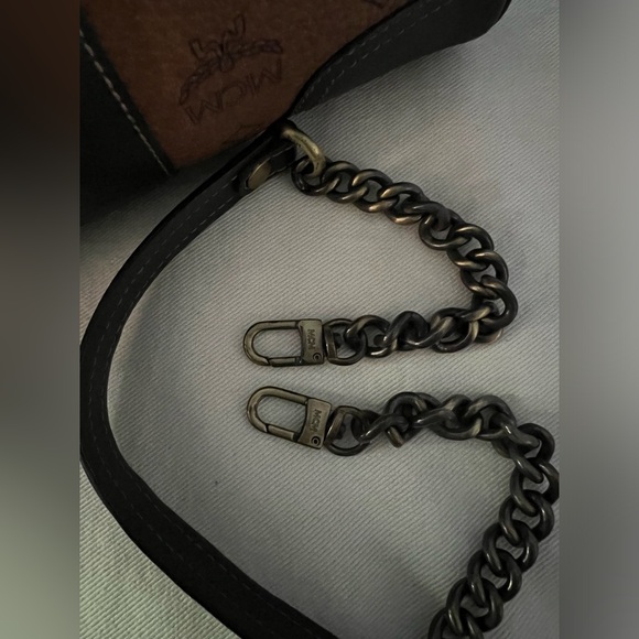 MCM Handbag Brown Black Leather Satchel Visetos Chain Strap Zip Clutch Purse - Picture 13 of 14